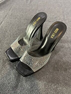 Miss Lola Black Rhinestone Slide Sandals